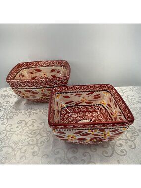 Temp-Tations Old World Square Ceramic Bowls CranberryFloral Set Of 2 Oven Safe